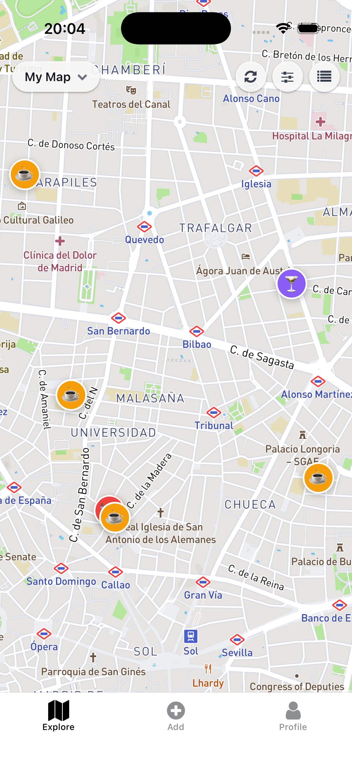 Map showing filtered colorful pins across a city